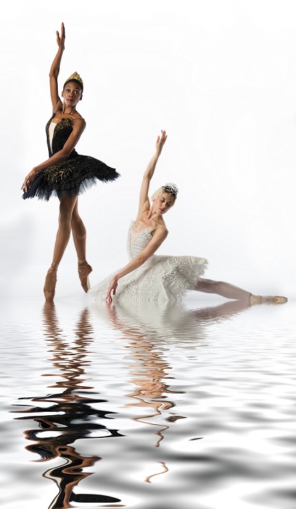 Claudia Monja and Prima Ballerina Burnise Silvius dancing in Joburg Ballet's Swan Lake. 